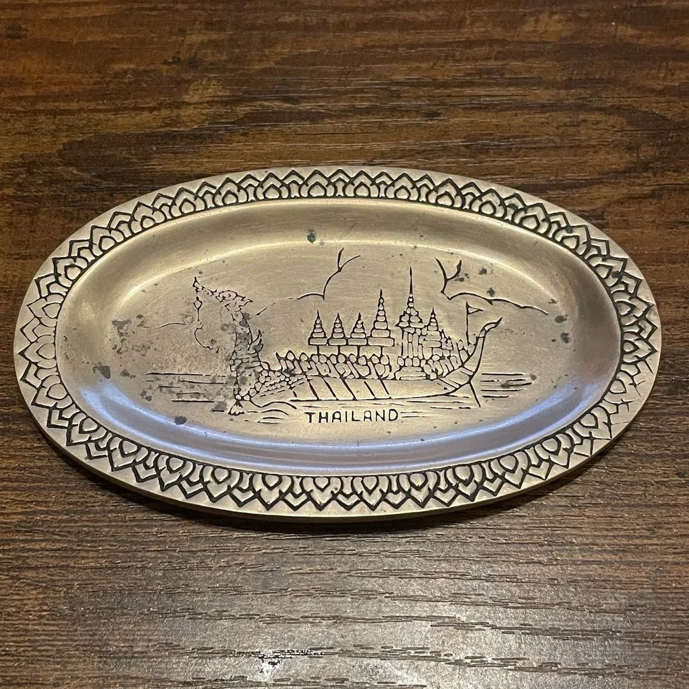 ✅Vintage Thailand Souvenir Small Brass Oval Platter 5